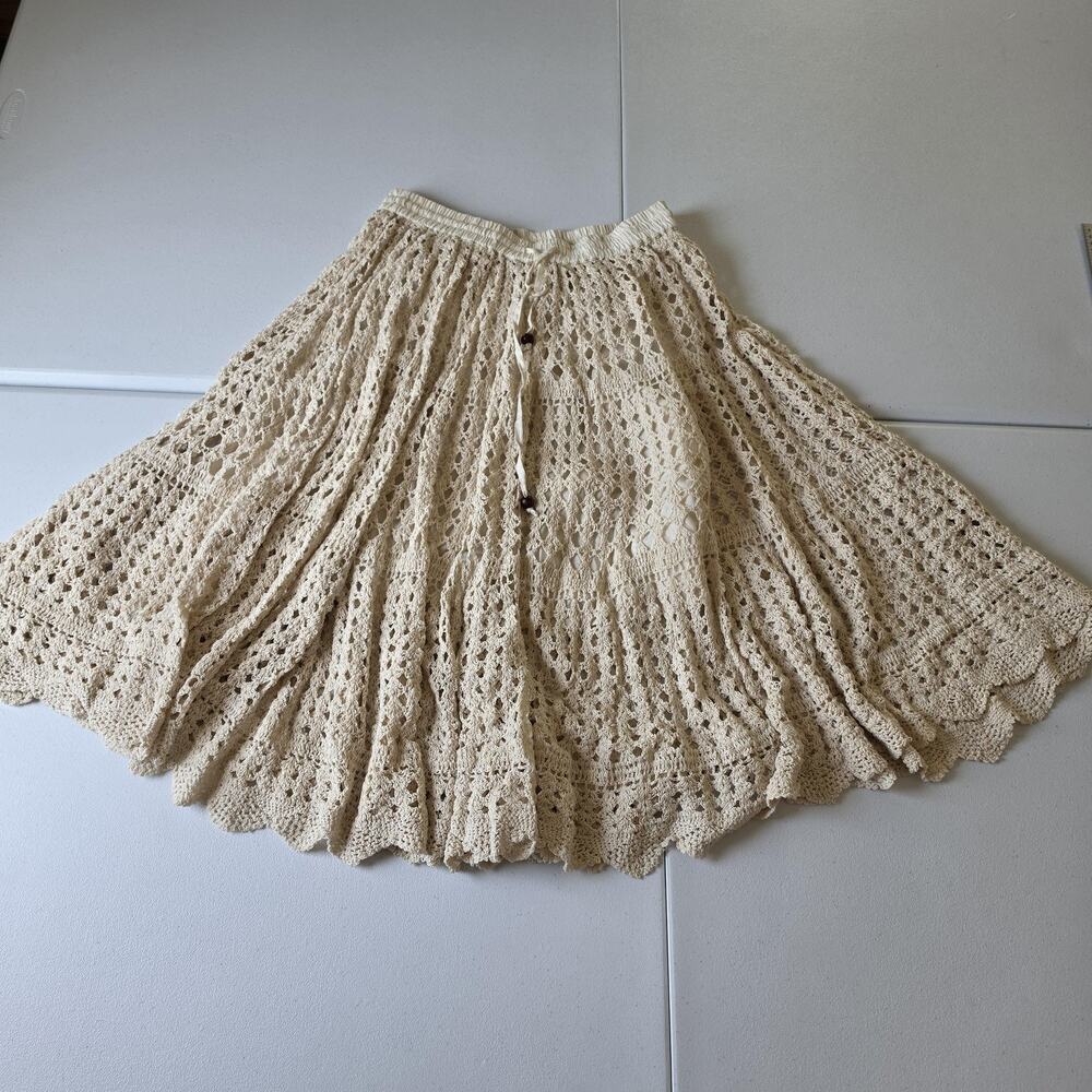Artelier Skirt Womens Small Beige Crochet Cotton Peasant Boho Midi Lined Elastic